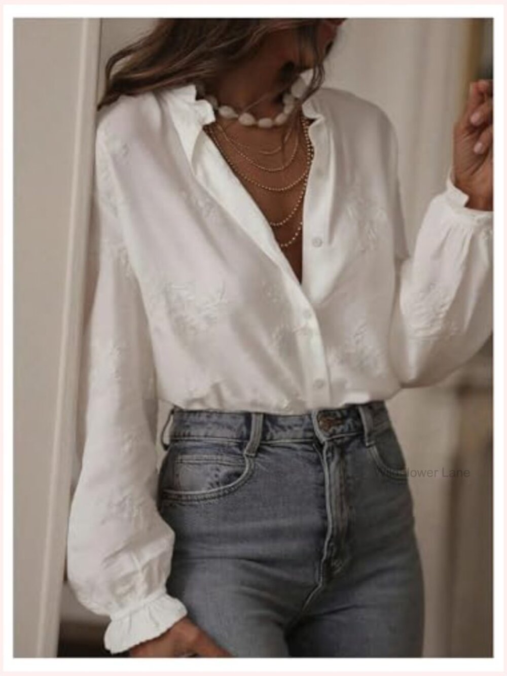 Boho Peasant Top Floral Embroidered Sheer Bishop Long Sleeve Blouse Button Up - Picture 5 of 5